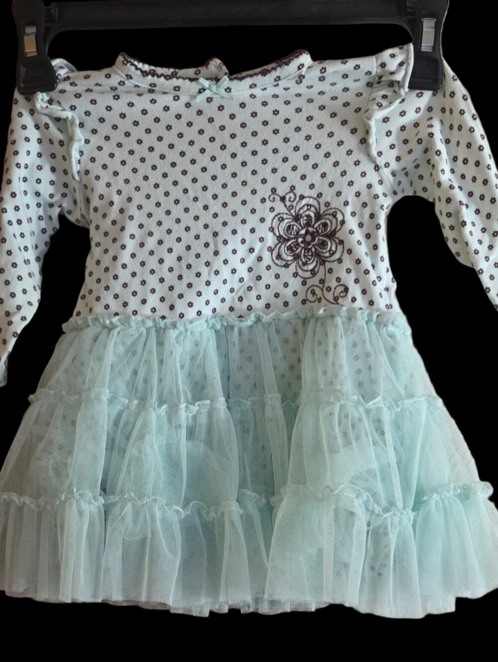 Little Me Ruffle Tulle Dress - Light Mint With Brown Flowers 9 Months